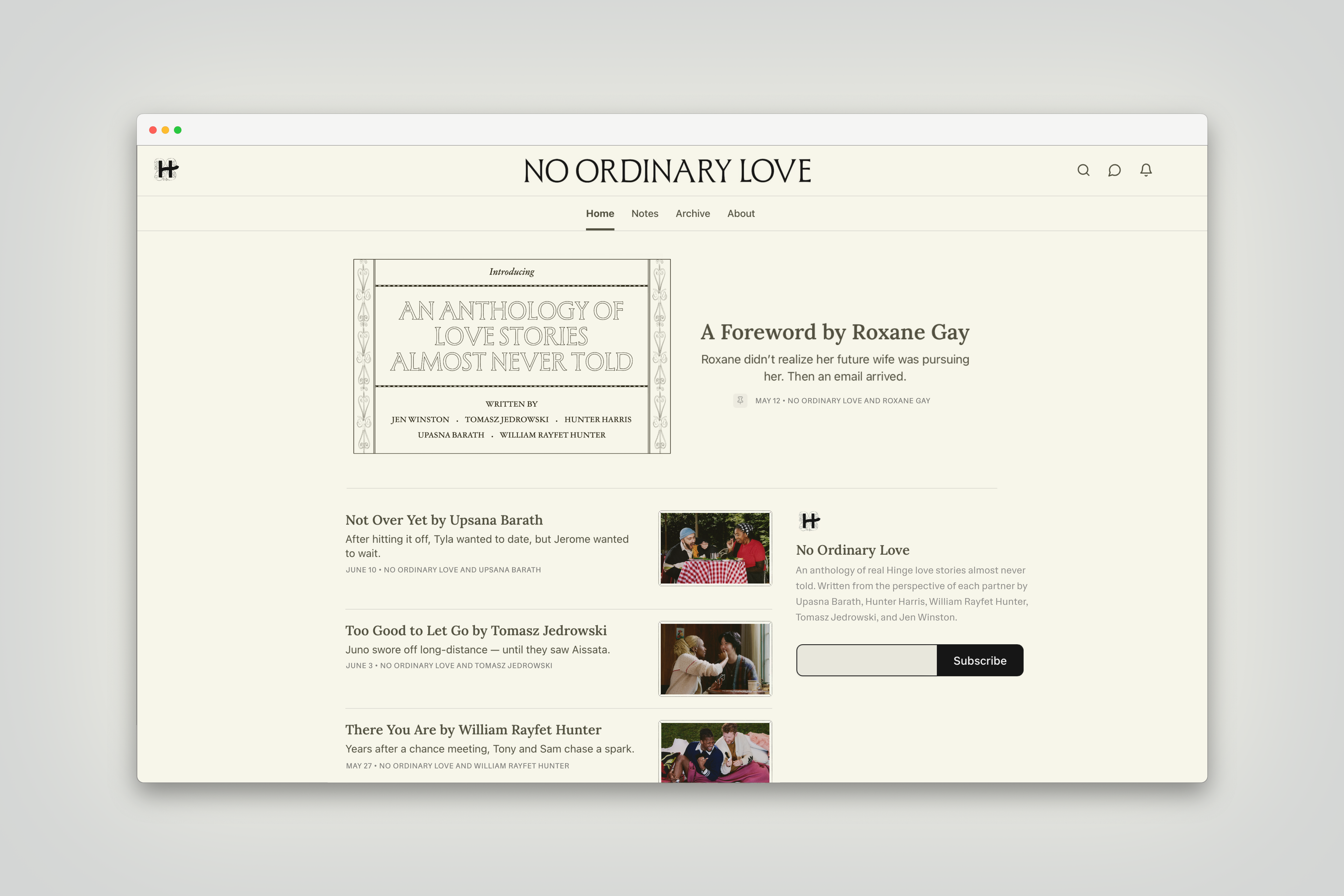 A screen depicting No Ordinary Love on Substack. The title of the first post reads "A Foreword by Roxane Gay." In smaller letters, the subtitle of the post reads "Roxane didn't realize her future wife was pursuing her. Then an email arrived." 