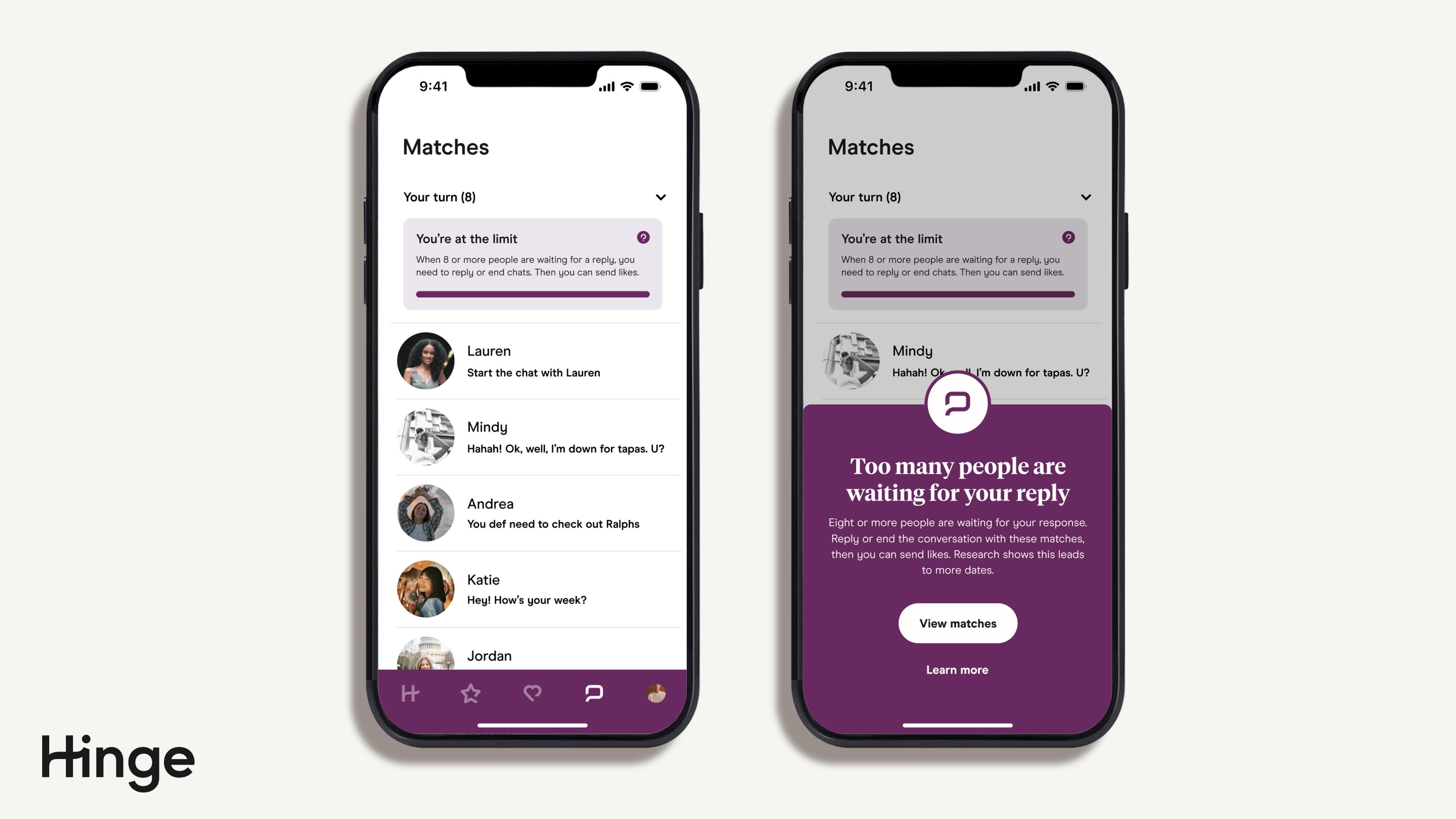 A UI message prompts a user to reply to previous matches before they can match with new people.