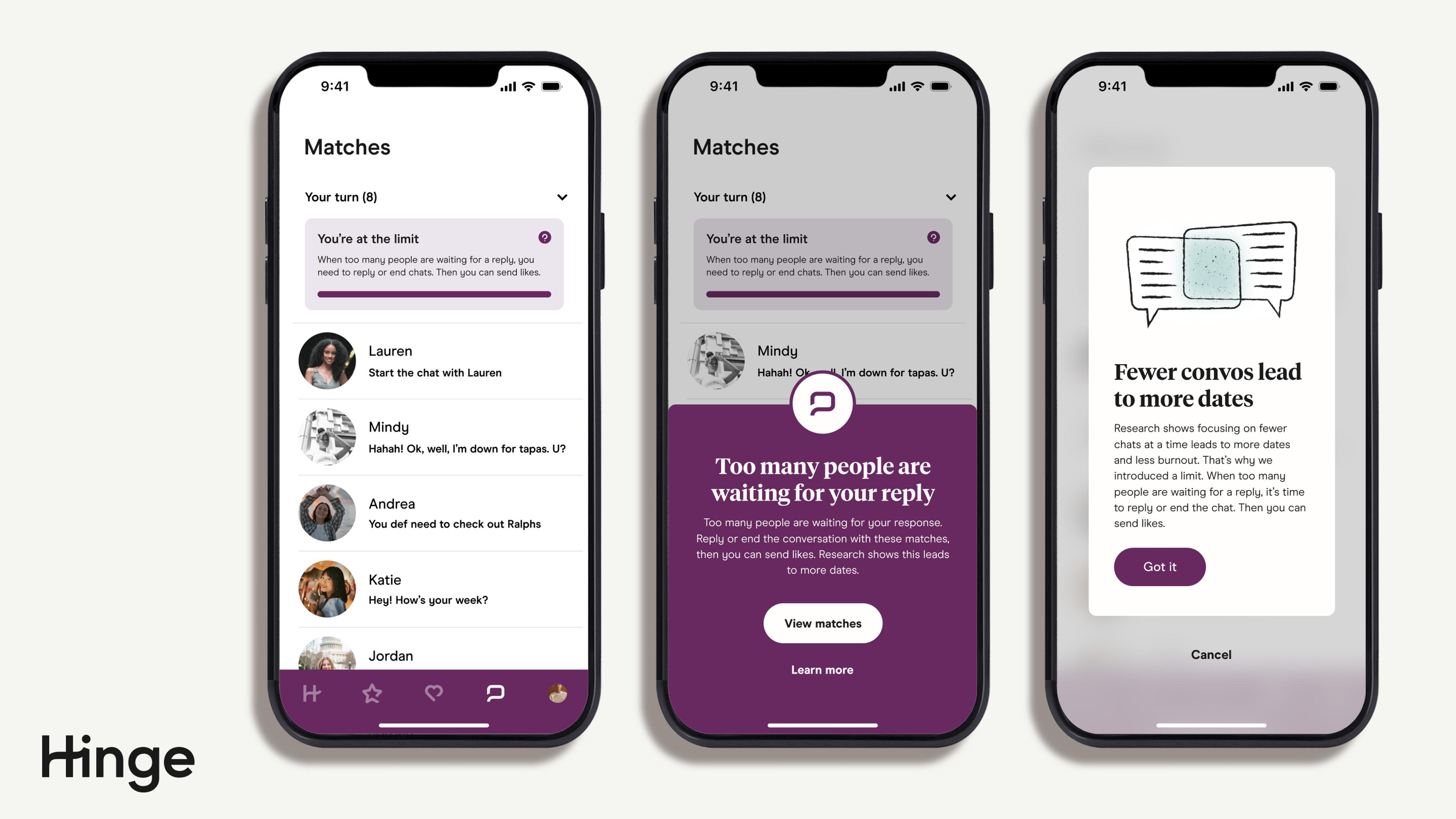 Interface notifying a user that they need to reply to matches before they can match again.