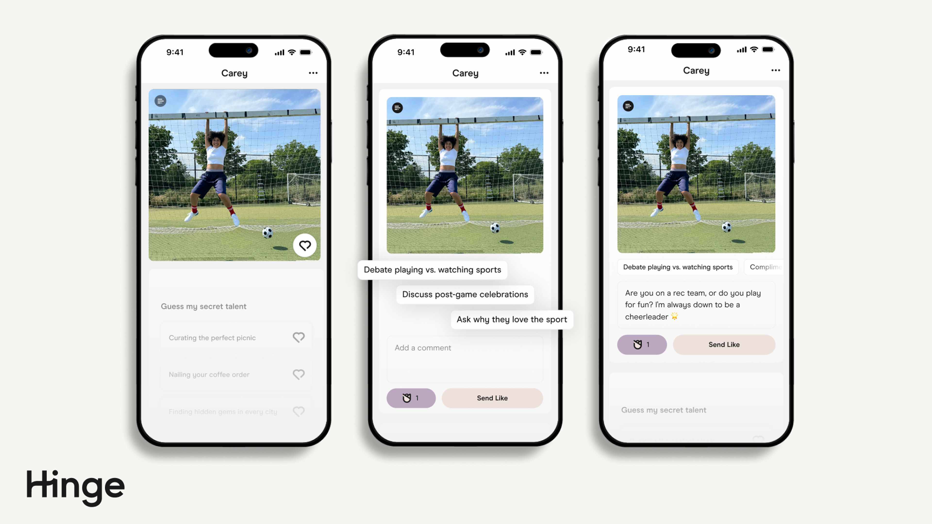 Hinge's Convo Starters feature - three screens. The middle screen reads 'debate playing vs. watching sports', 'discuss post-game celebrations', 'ask why they love the sport'
