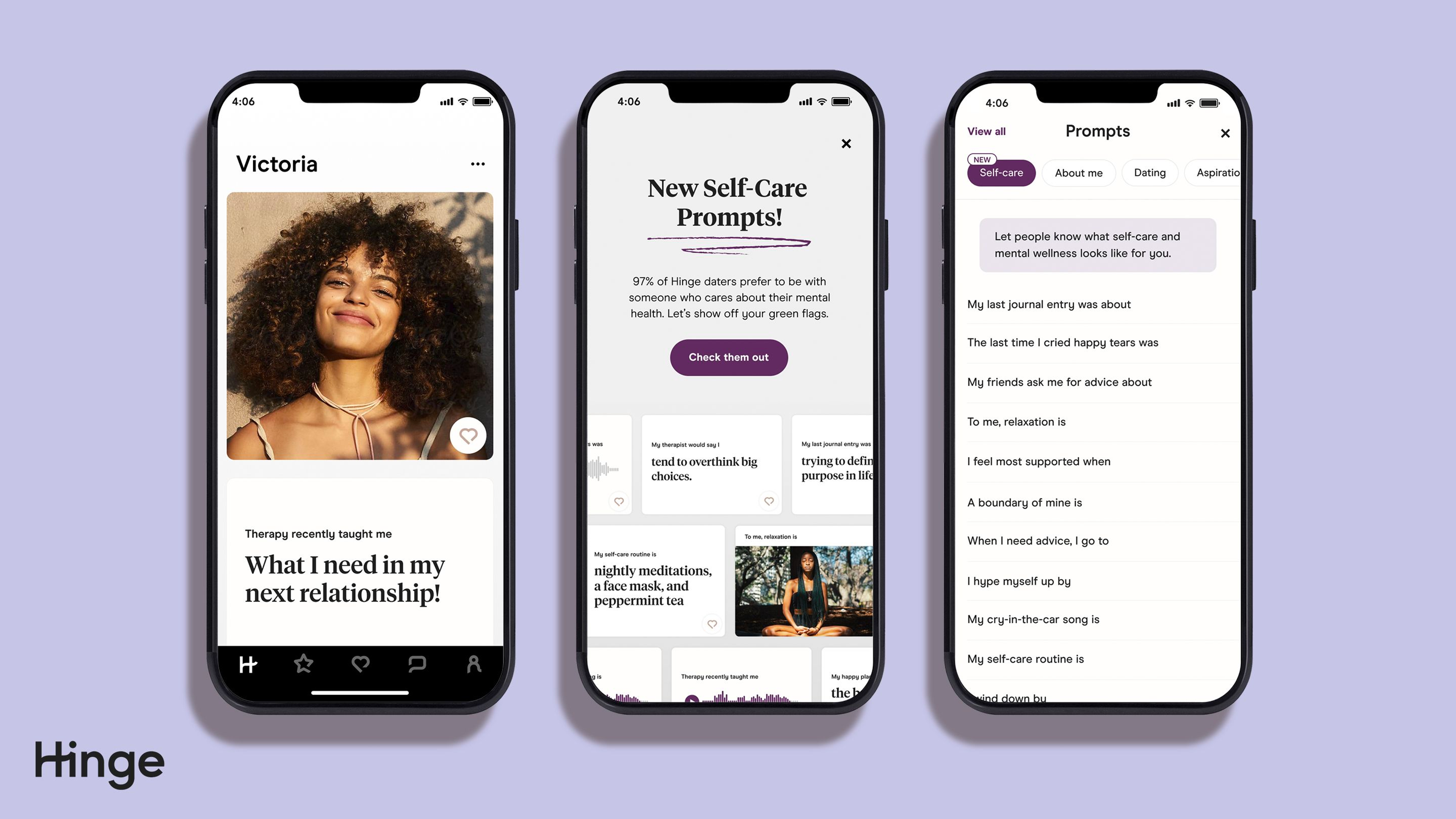 Interface showing new self-care related prompts.